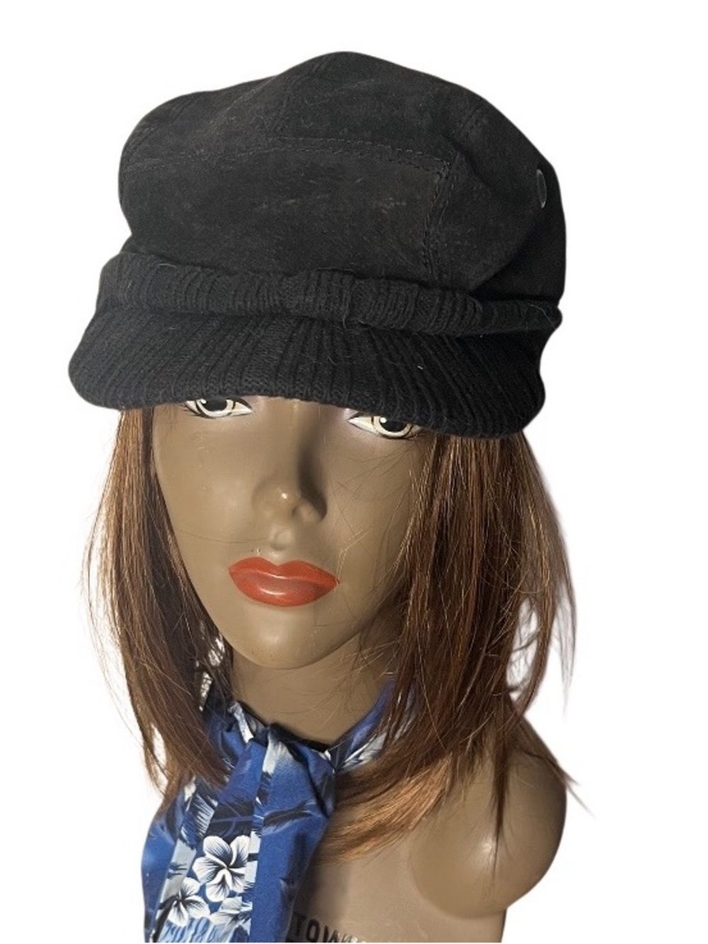 WILSONS LEATHER Black Suede Newsboy Cap Quilted Lined Ear Flaps Hat S/M UNISEX